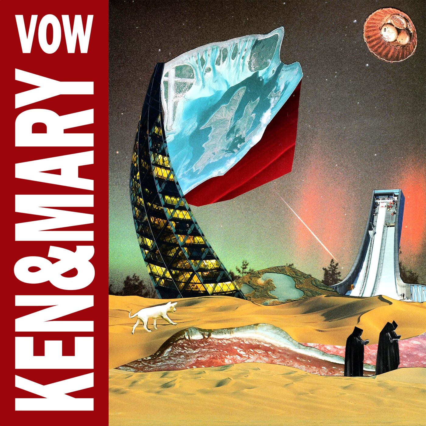 VOW single sleeve by Ken & Mary: a surreal desert landscape with a tilted glass tower, a ski jump, hooded figures, and a small dog beneath a torn sky.